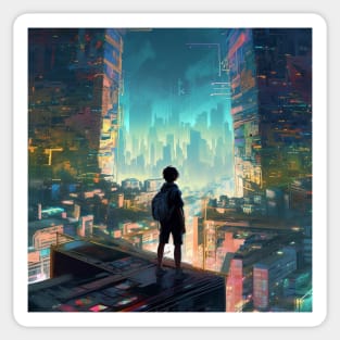 lost boy in a cyber neon cityscape Sticker